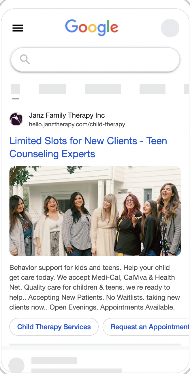 A Google search ad for a child and teen therapy practice