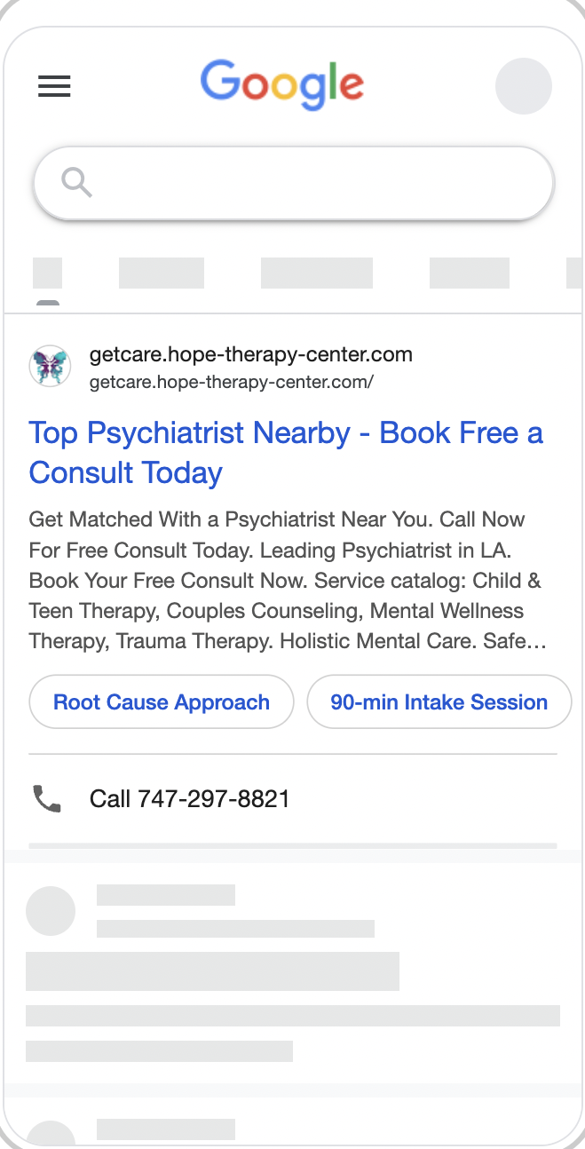 A Google search ad for a psychiatry practice