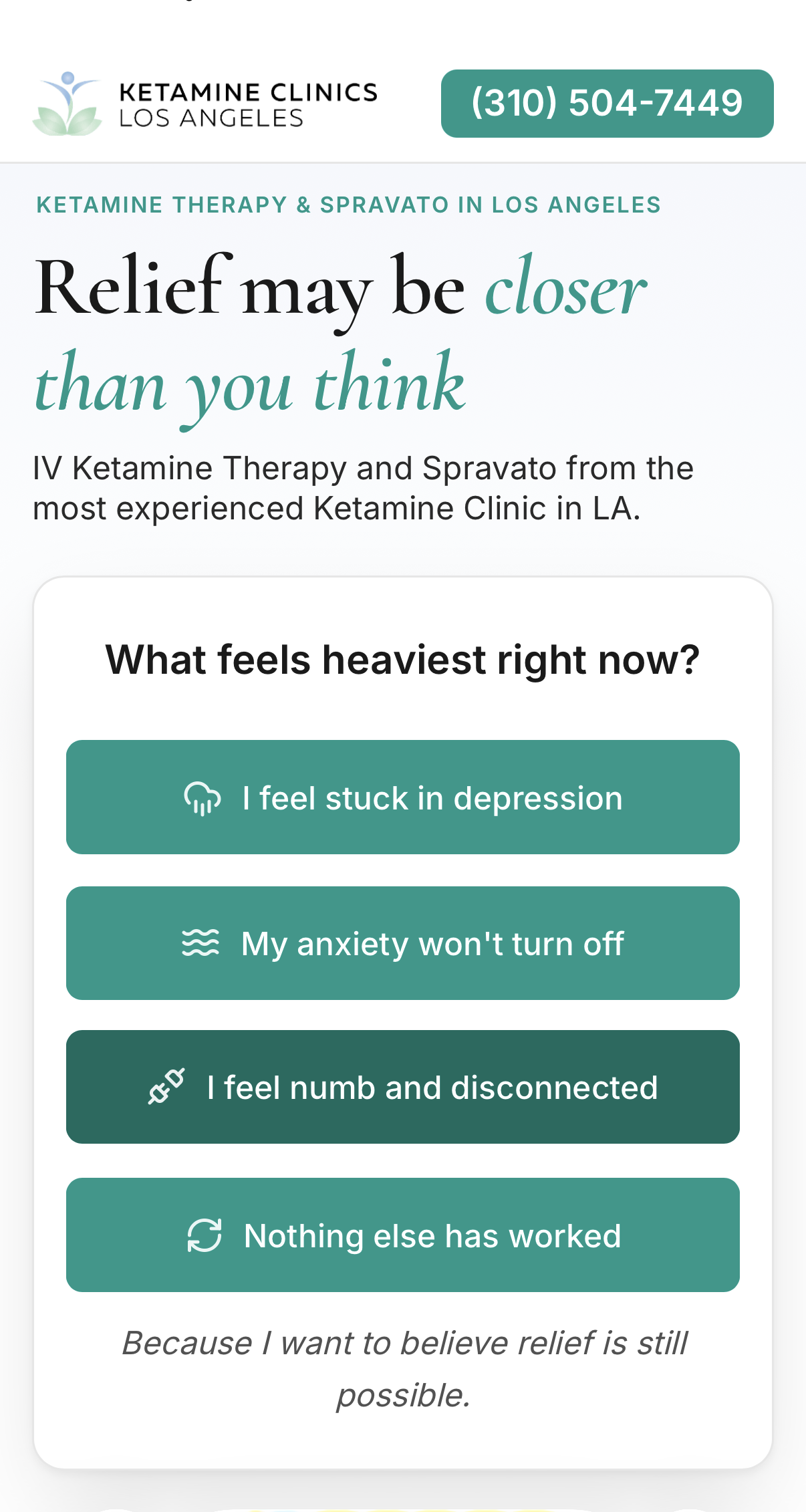 Condition-specific landing page funnel on mobile